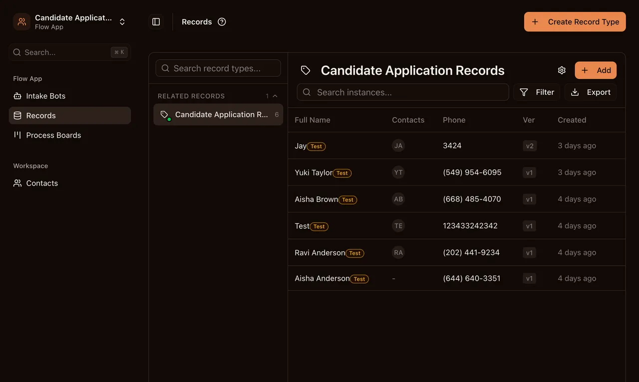 Record Types table showing synced fields from IntakeBot schema