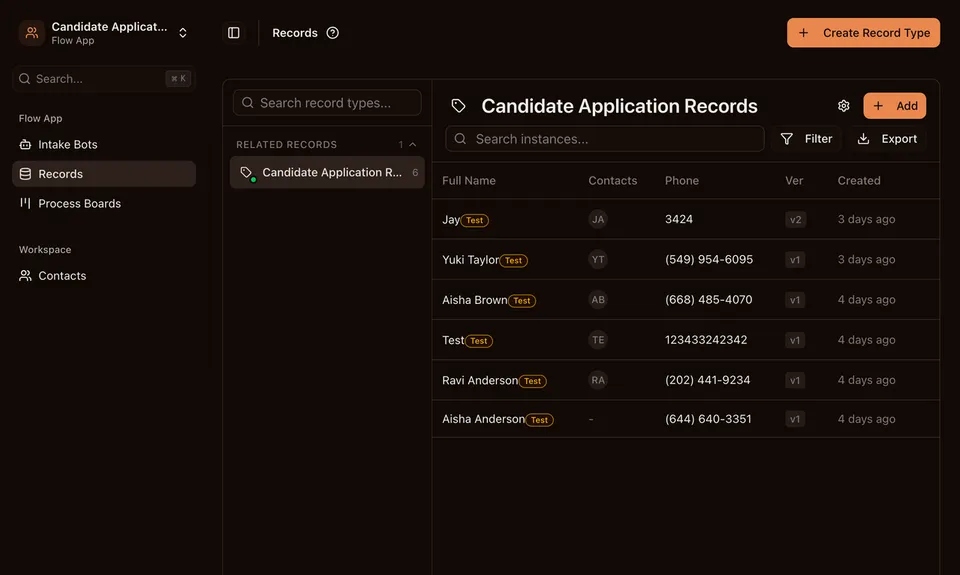 Record Types table showing synced fields from IntakeBot schema