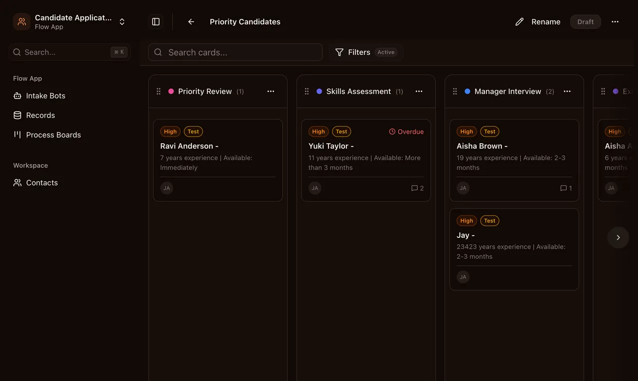 Process Board with cards in multiple phases