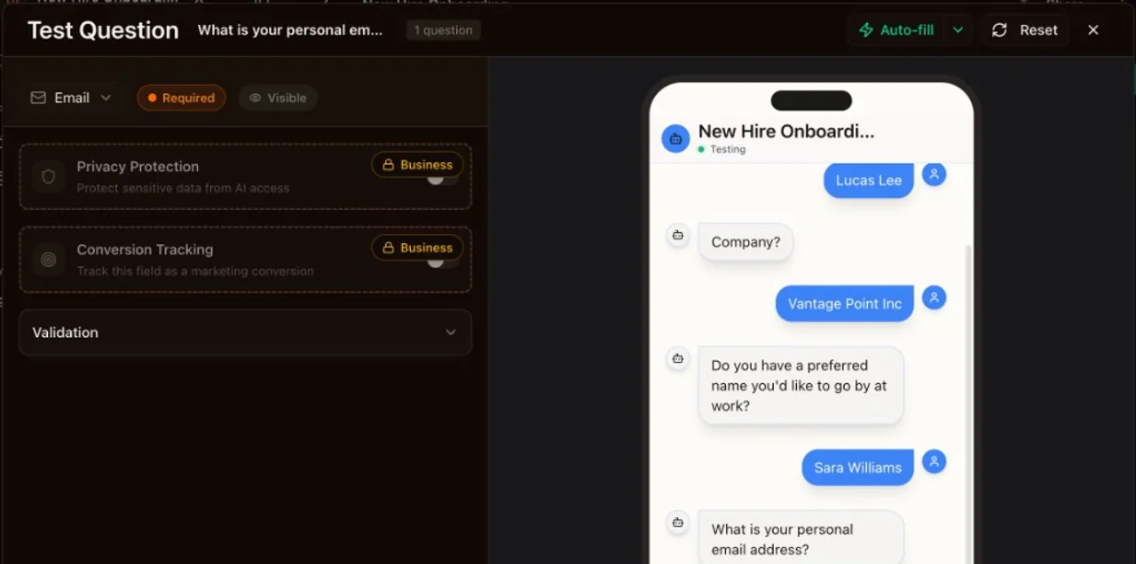 Test dialog with Auto-fill split button and auto-played conversation filling realistic test data