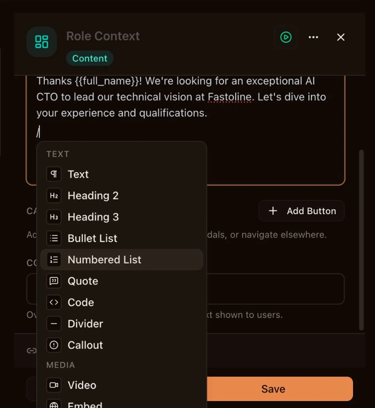 Slash command menu in the rich text editor showing heading, callout, video, and embed options