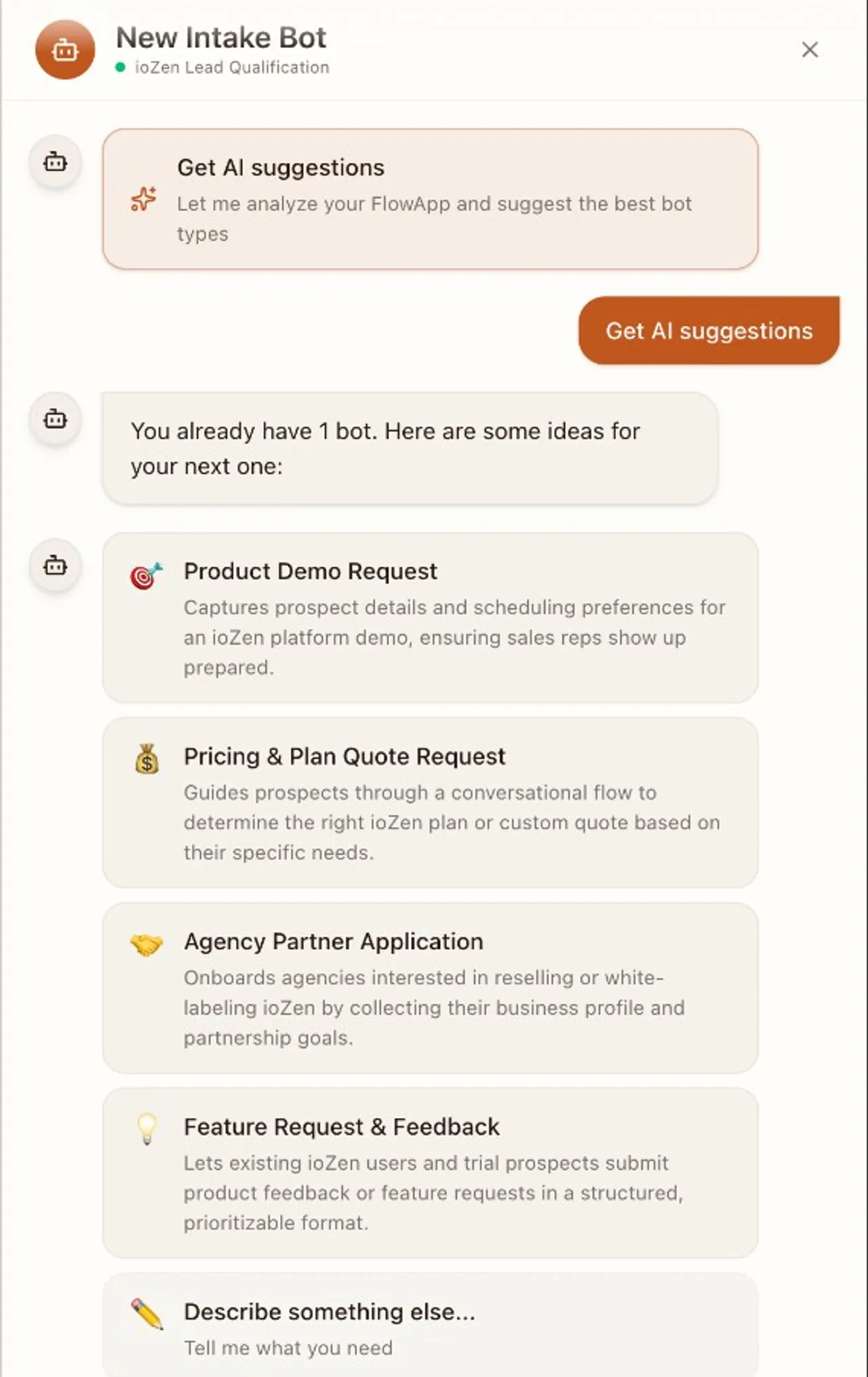 Smart Create panel showing AI-generated bot suggestions including Product Demo Request, Pricing Quote, and Agency Partner Application