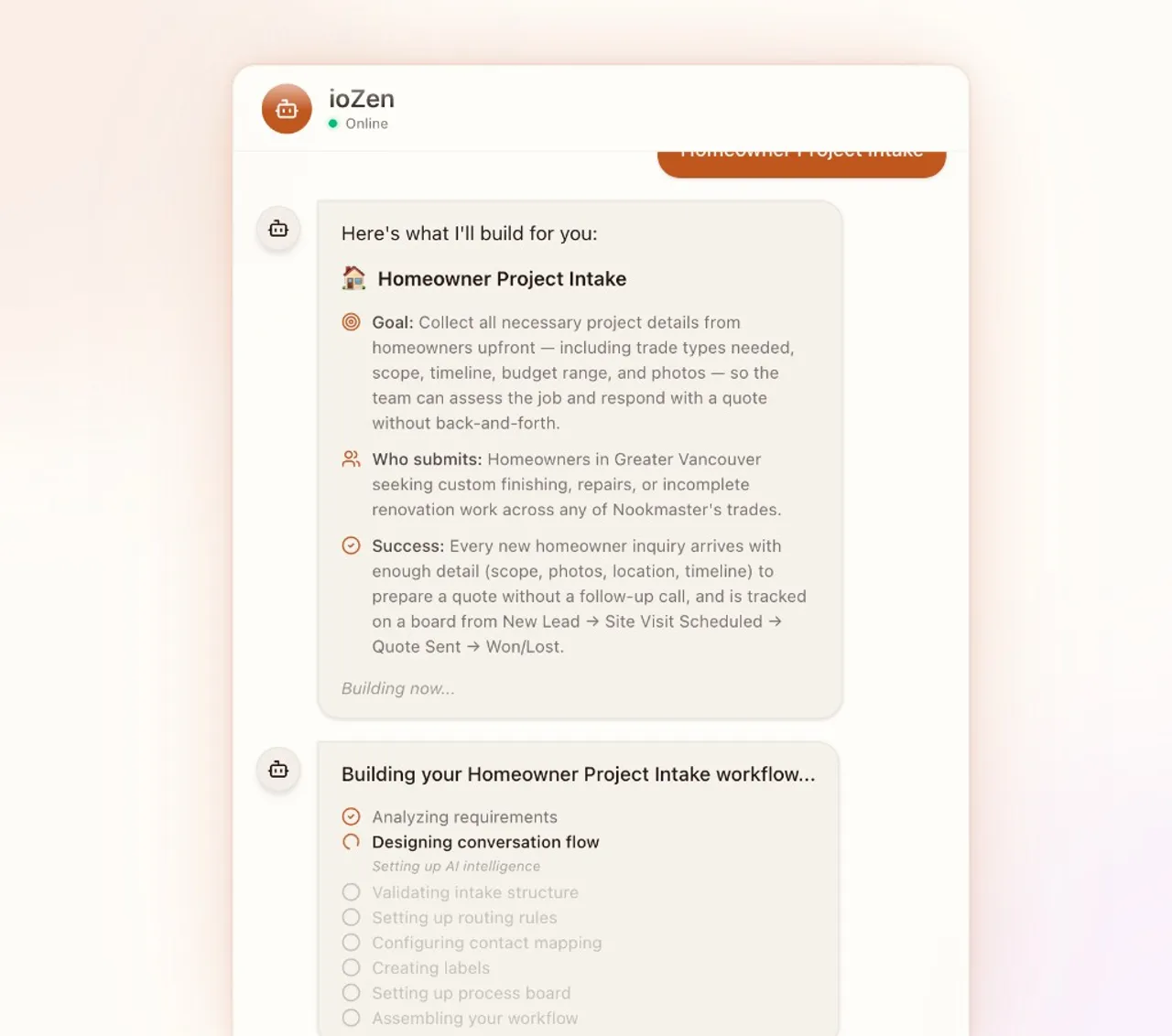 Conversational onboarding showing use case mirror-back, building progress, and workflow summary with confetti
