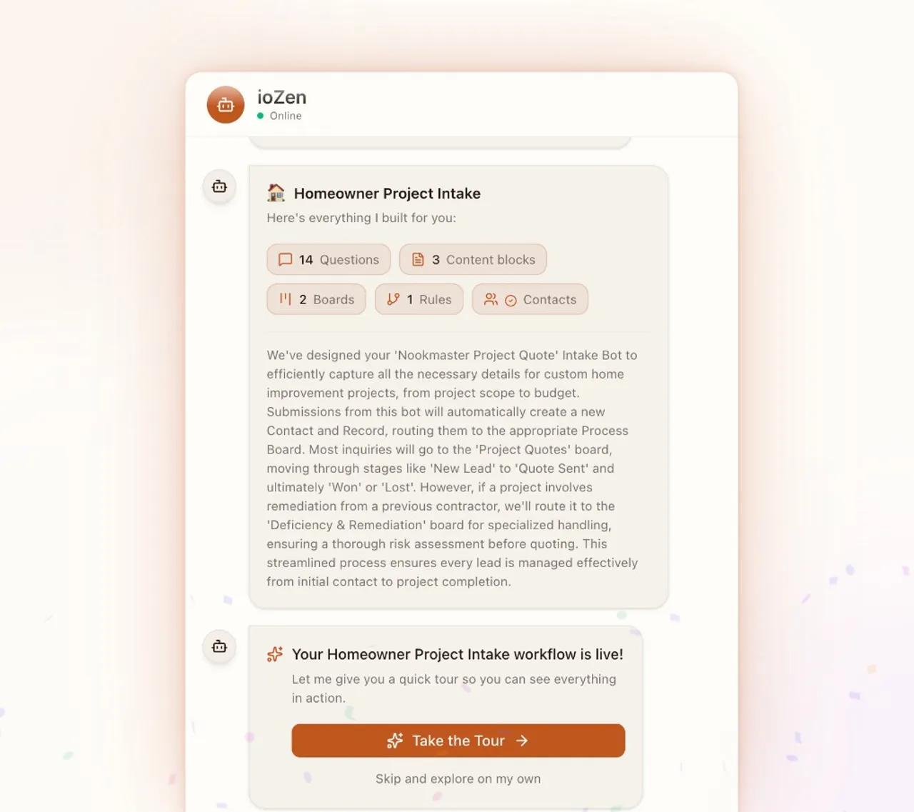 Smart FlowApp Wizard showing completed workflow summary with 14 questions, 2 boards, 1 rule, and Take the Tour CTA