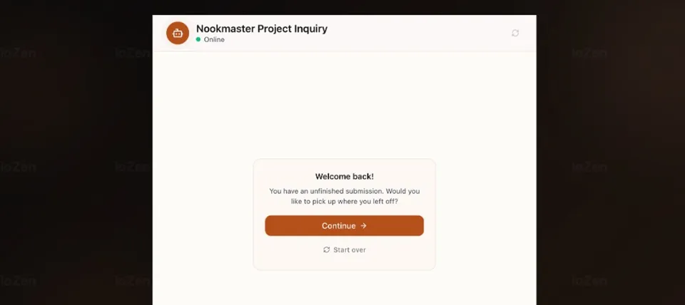 Resume prompt showing Welcome back with Continue and Start over buttons
