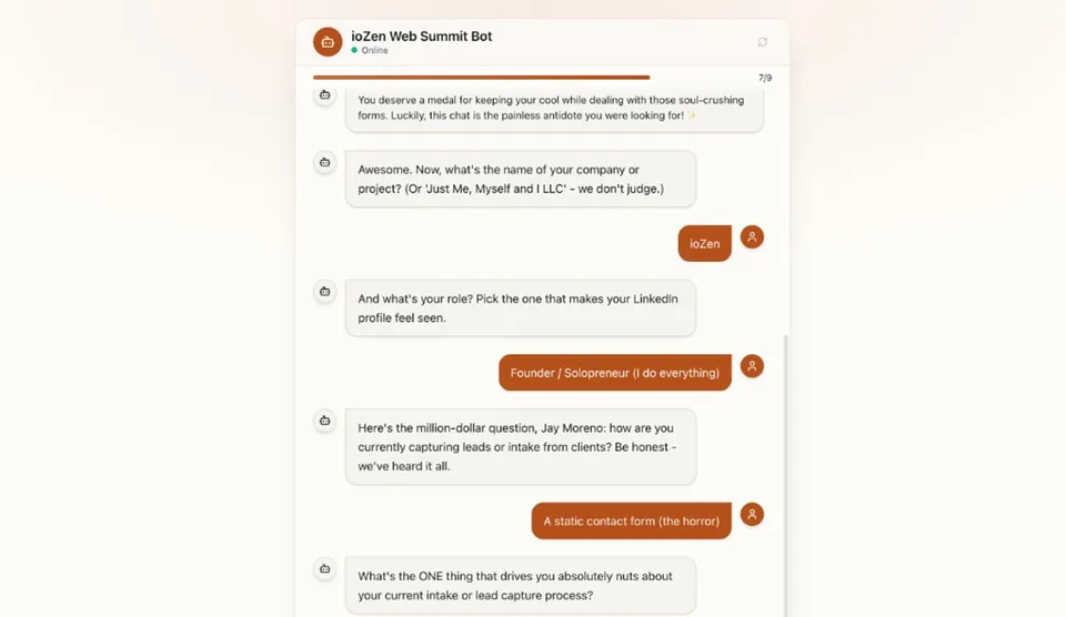 Public Intake Bot chat showing a multi-turn conversation with bot questions, user answers as chips, a content block, and the persistent text composer at the bottom with a long answer typed in
