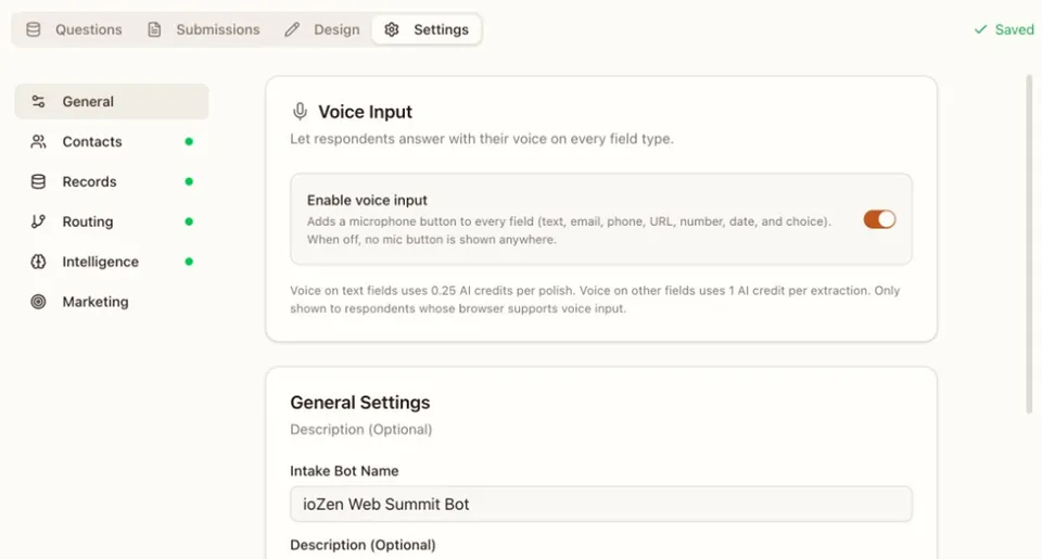 Intake Bot Settings tab with the Voice Input section open and the Enable voice input toggle switched on, with a note that voice on text fields uses 0.25 AI credits per polish and voice on other fields uses 1 AI credit per extraction