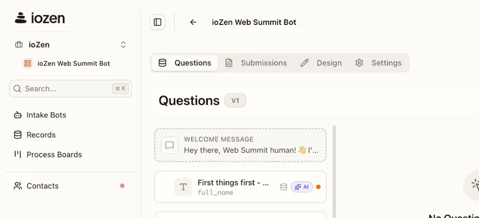 ioZen sidebar with the new wordmark, the ioZen workspace switcher at the top, the ioZen Web Summit Bot active in the FlowApp section, and the Intake Bot editor open on the right