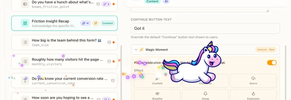 Magic Moment settings panel showing the Unicorn effect selected with Epic intensity on a content block