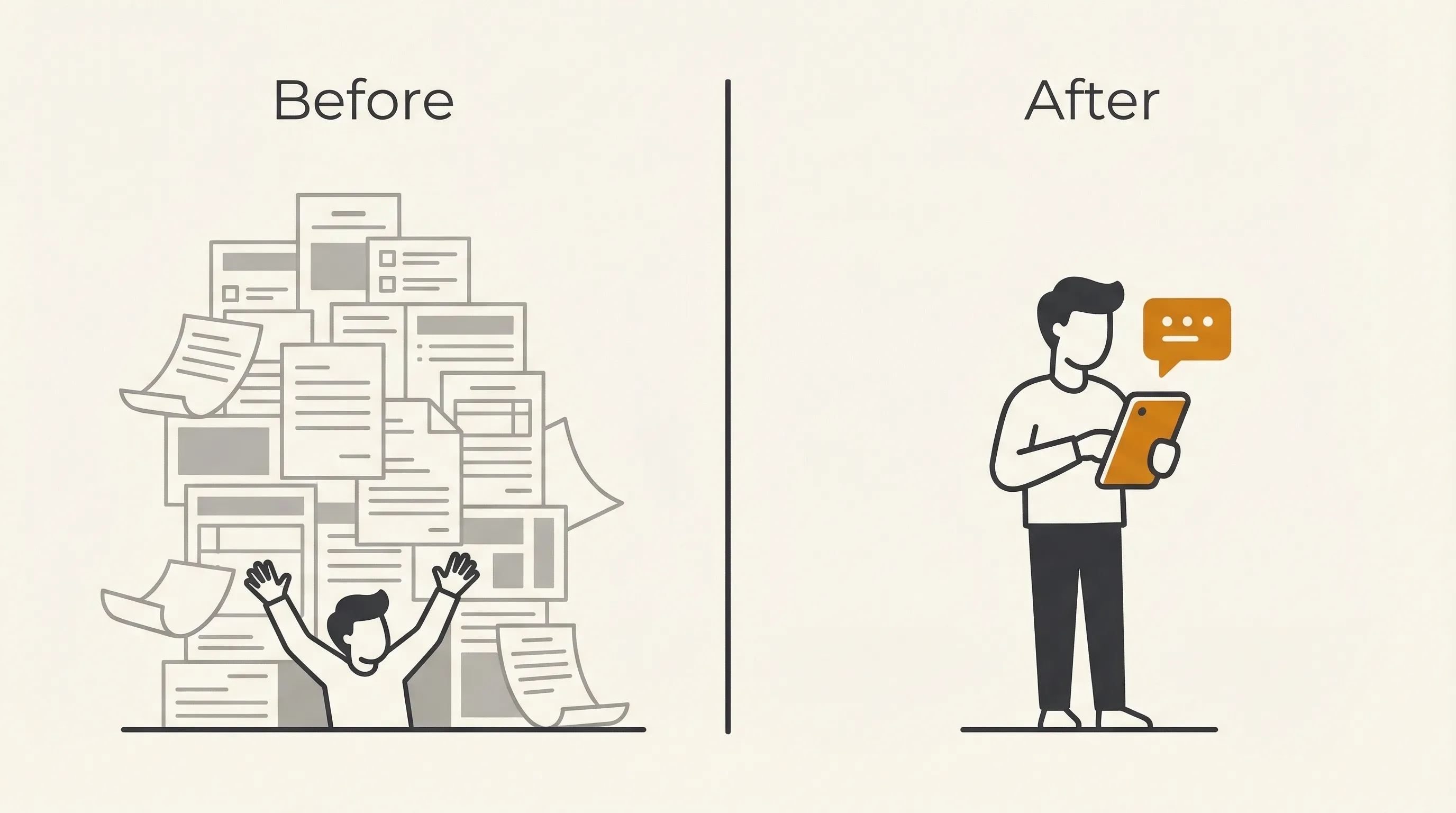 Before: buried under paper forms. After: a simple conversation on your phone.