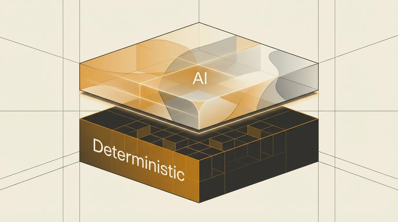 Architecture diagram showing a deterministic structured backbone at the bottom with an AI intelligence layer on top