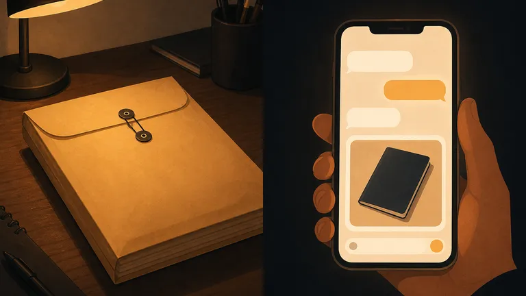 A closed envelope on a desk next to a phone showing a chat and a passport photo