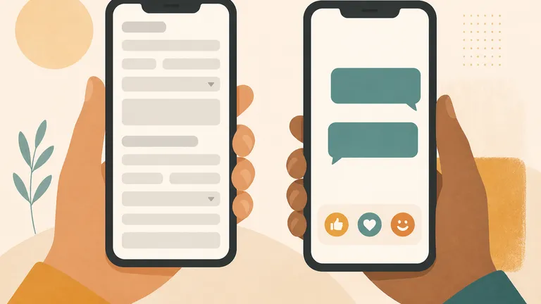 A long empty website form on one phone next to a short chat with reply buttons on another