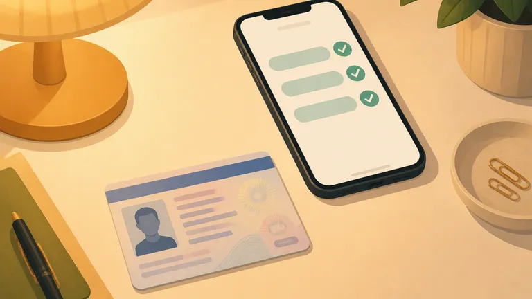 A generic ID card on a desk with a phone showing three filled fields and check marks