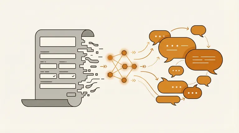 Un formulario tradicional disolviéndose en burbujas de chat conversacionales