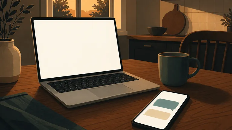 A kitchen table at evening, laptop closed, a phone showing a simple chat conversation
