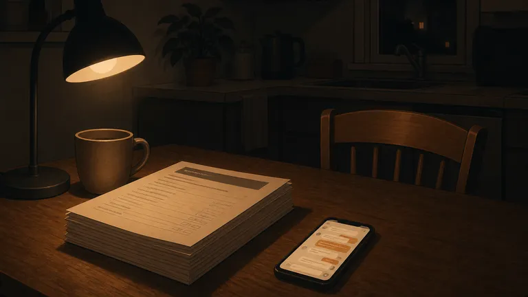 A thick unread intake packet on a night table next to a phone glowing with a chat