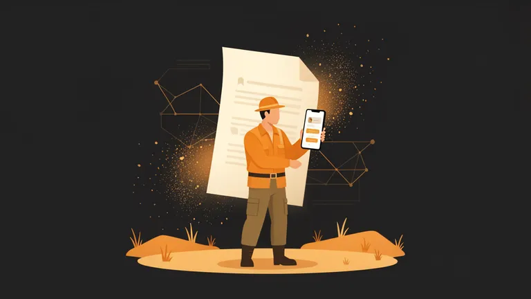 A field worker using a phone to register a displaced person through a conversational intake, replacing a long paper form