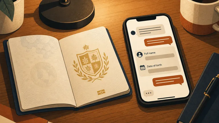 An open passport on a wooden desk next to a phone showing already-filled fields