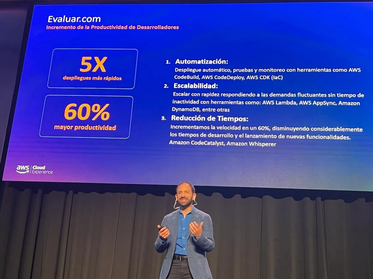 Jay presenting Evaluar.com developer productivity metrics at AWS Cloud Experience