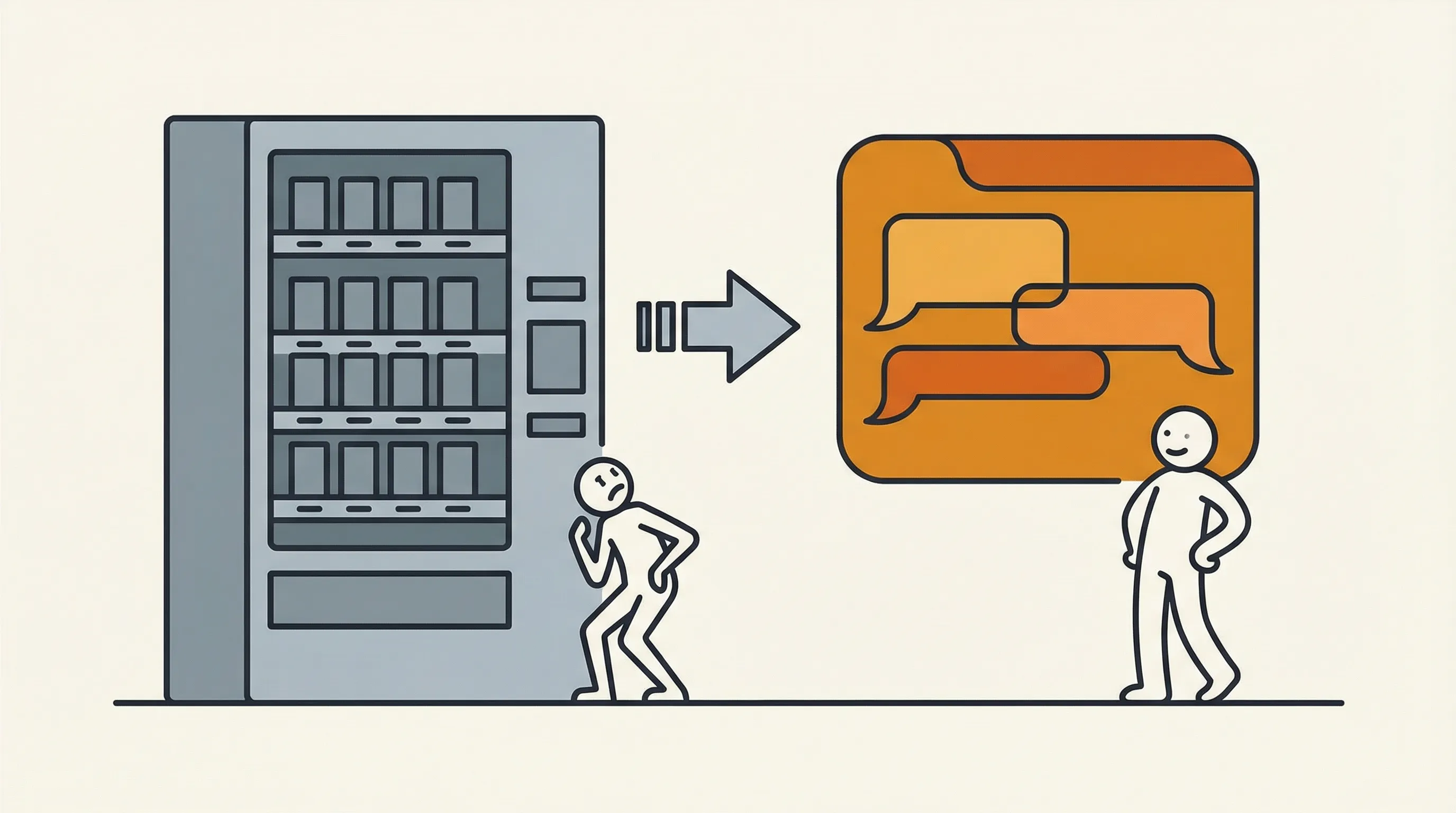 Una máquina expendedora con botones rígidos desintegrándose en una burbuja de chat amigable